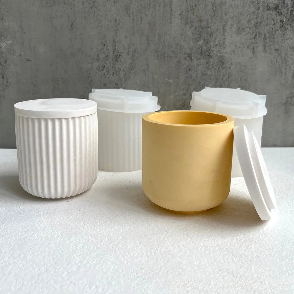 Round Stripe Candle Jar Silicone Mold DIY Handmade Storage Box Pen Holder Plaster Cement Vase Crafts Casting Molds Home Decor