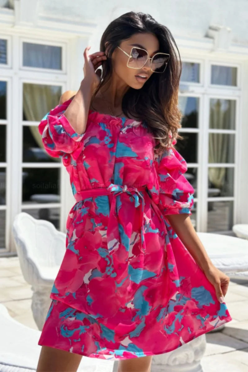 Tropical Leaf Print Off The Shoulder Ruffled Short Sleeve Mini Dress