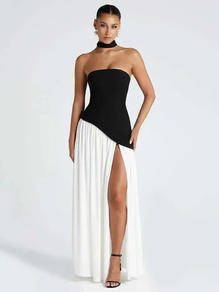 Mozision Strapless Off-shoulder Sexy Maxi Dress For Women Gown Patchwork Scarf Collar Thigh High Split Club Party Long Dress