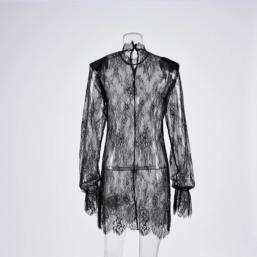 Linad Sexy Black Embroidery Mini Dress Women Elegant Sheer High Waist Pencil Dresses Vintage Loose Flare Sleeve Short Dress 2025