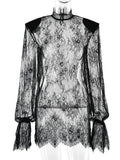 BKQU Sexy Sheer Lace Mini Dress Women Elegant Shoulder Pads See Through Long Sleeve Cover Up Dress Club Party Short Dress 2026