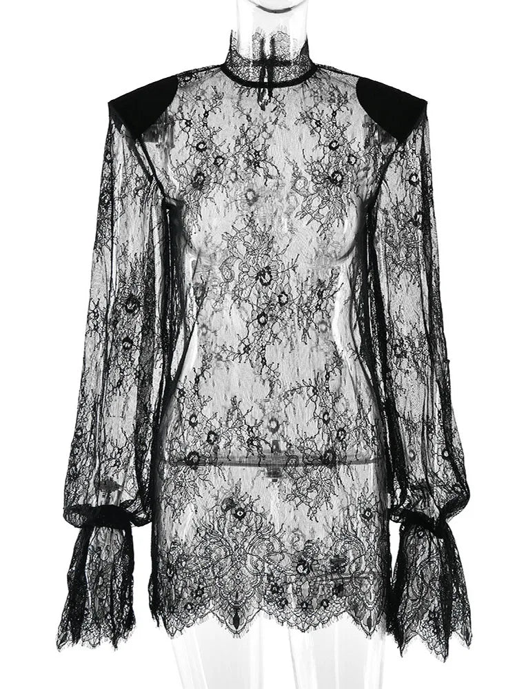 BKQU Sexy Sheer Lace Mini Dress Women Elegant Shoulder Pads See Through Long Sleeve Cover Up Dress Club Party Short Dress 2026