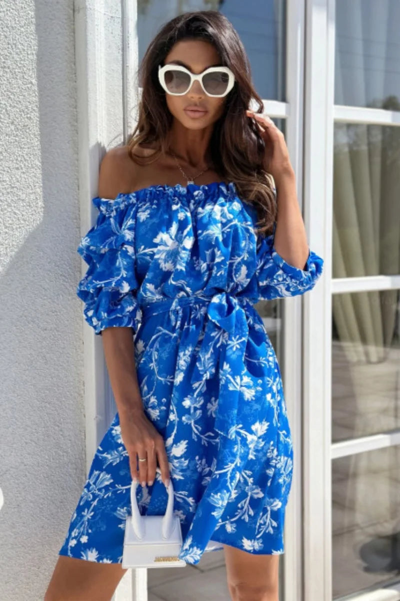 Tropical Leaf Print Off The Shoulder Ruffled Short Sleeve Mini Dress