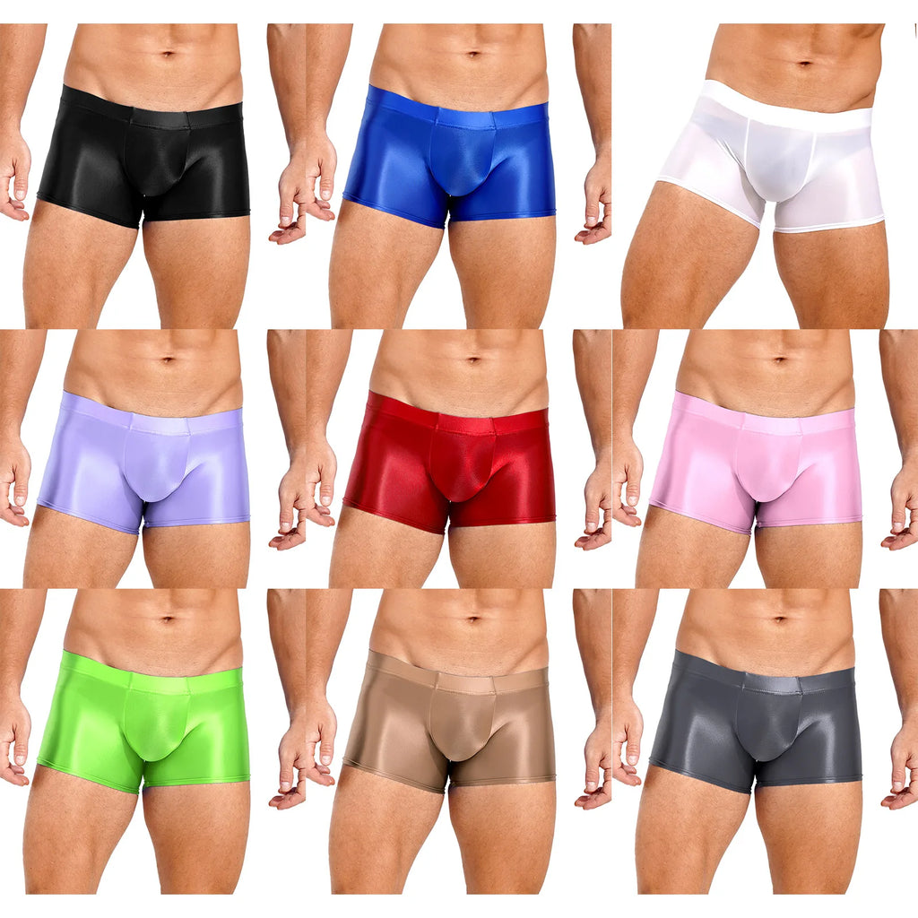 Mens Glossy Boxer Briefs Sexy Underwear Shorts Bottoms Hot Pants Low Rise Underpants Sports Gym Workout Pool Party Swim Trunks