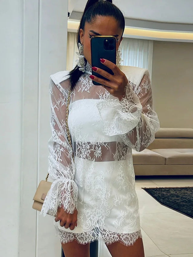 JULISSA MO Turtleneck Sexy Sheer Lace Mini Dress Women Black Long Sleeve Shoulder Pads Dress Loose Elegant Club Party Dress 2026
