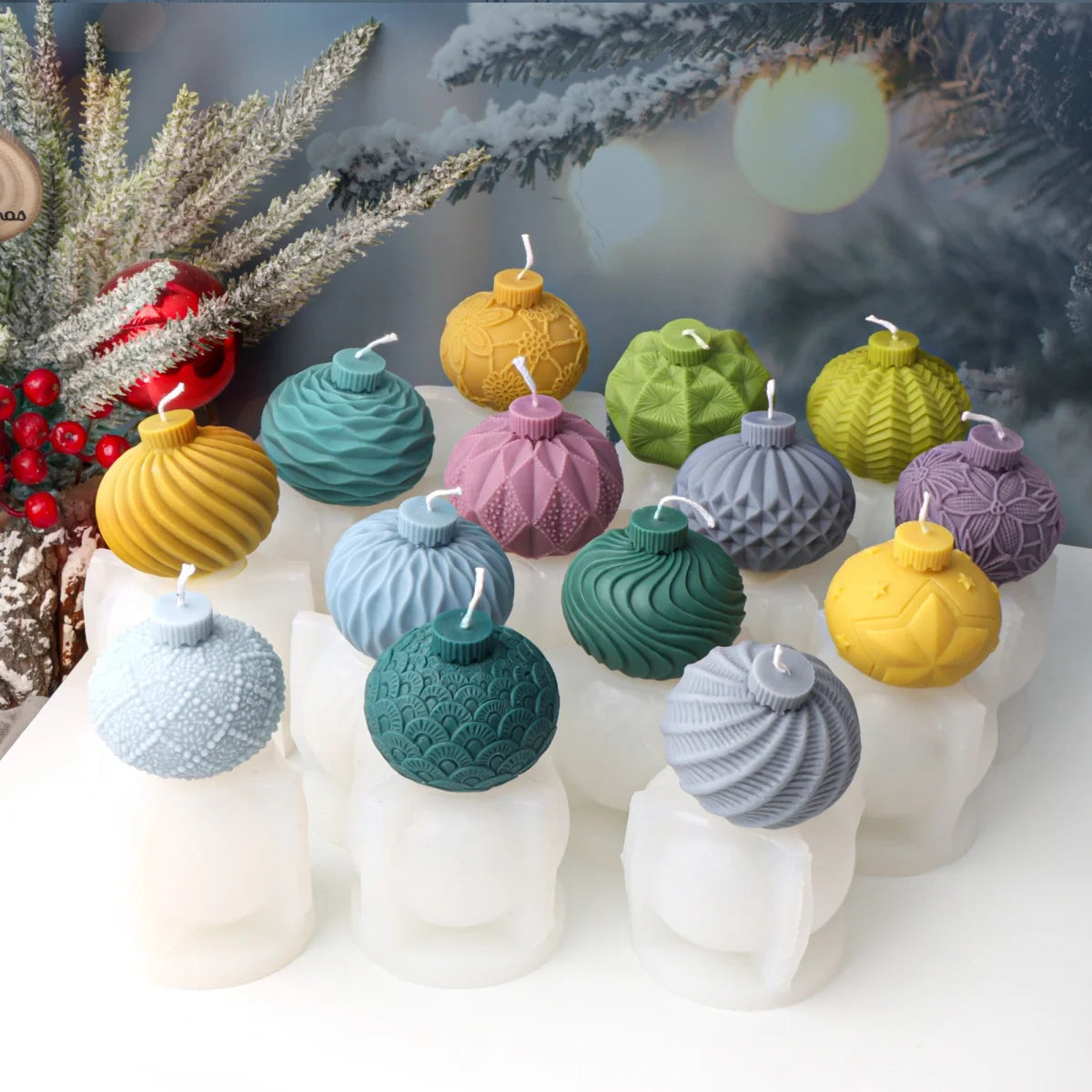 Geometric Ball Candle Silicone Mold 3D Embossed Round Ball Candle Aromatherapy Plaster Mold DIY Christmas Ball Mold Home Decor