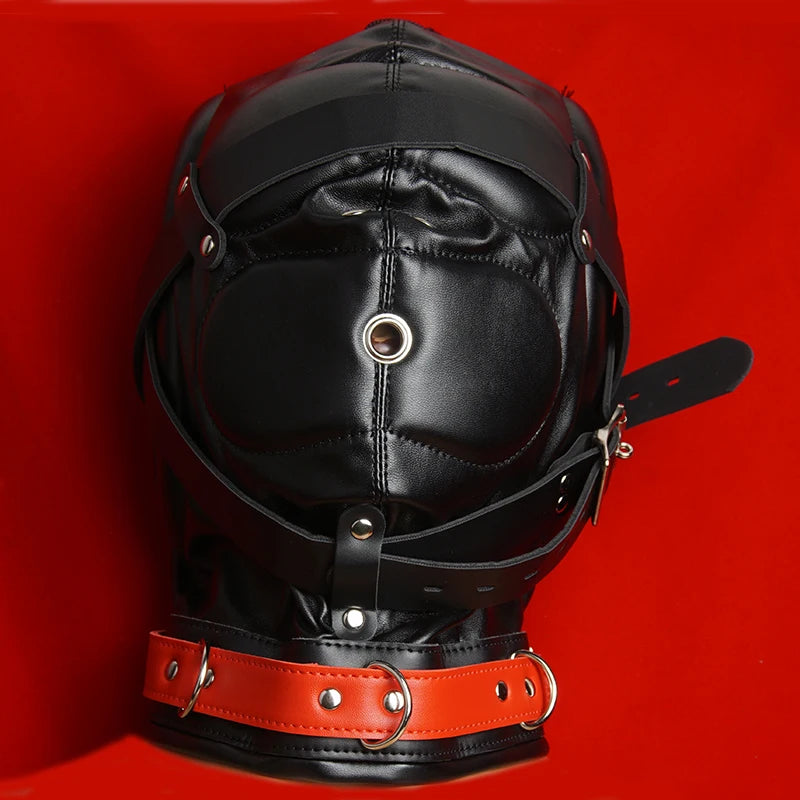 BDSM Mask Leather,Total Blackout Slave Sex Hood Bondage Breathing Hole,Padded Ear and Mouth Restraints,Adult Games,Blindfold