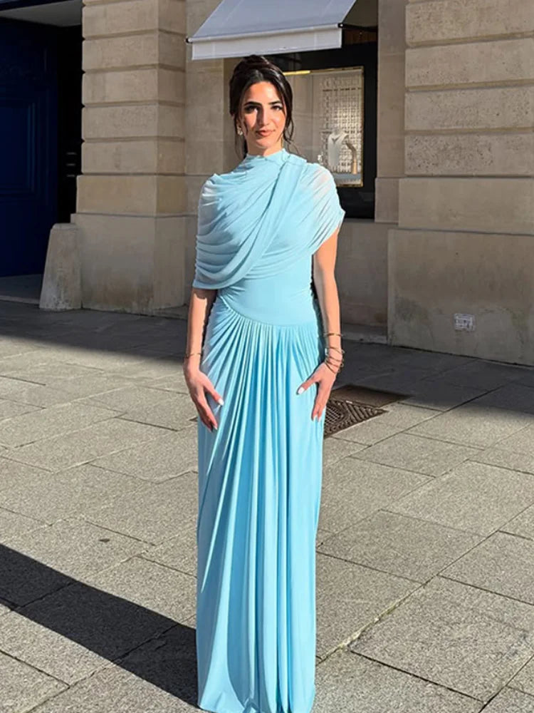 Women Solid High Neck Pleated Maxi Dress Slim Fit Waist Cinching Backless Long Dress Lady Summer Elegant Party Vestidos 2025