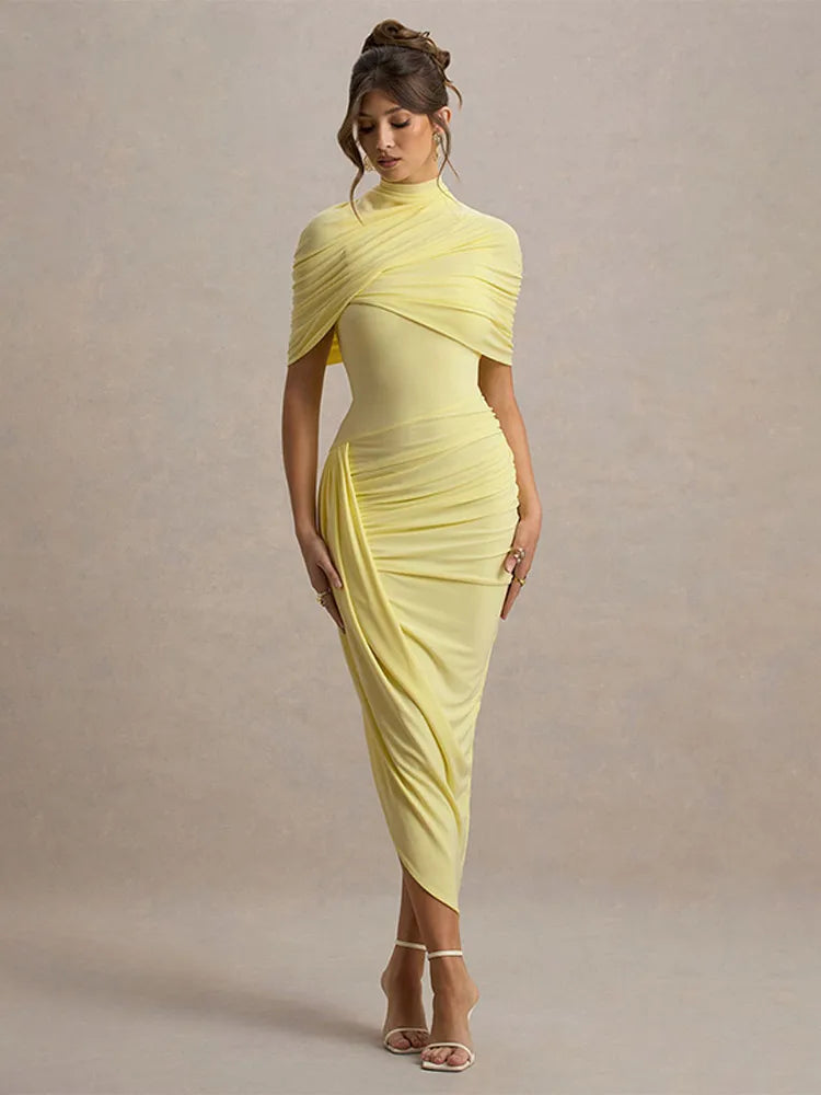 Women Solid High Neck Pleated Maxi Dress Slim Fit Waist Cinching Backless Long Dress Lady Summer Elegant Party Vestidos 2025