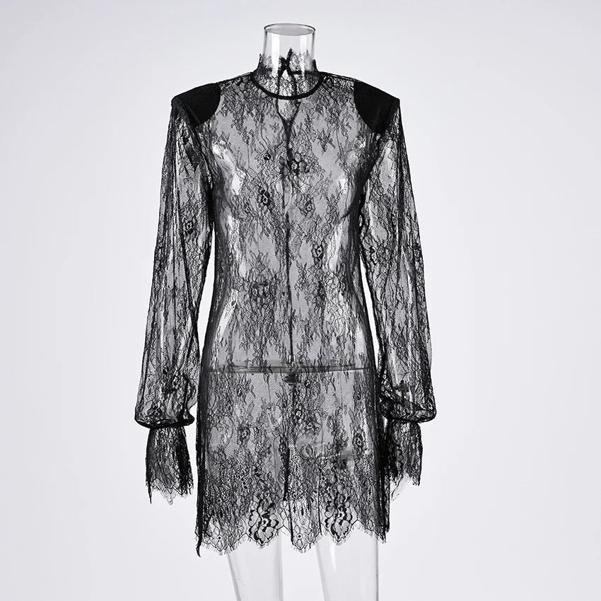 Linad Sexy Black Embroidery Mini Dress Women Elegant Sheer High Waist Pencil Dresses Vintage Loose Flare Sleeve Short Dress 2025