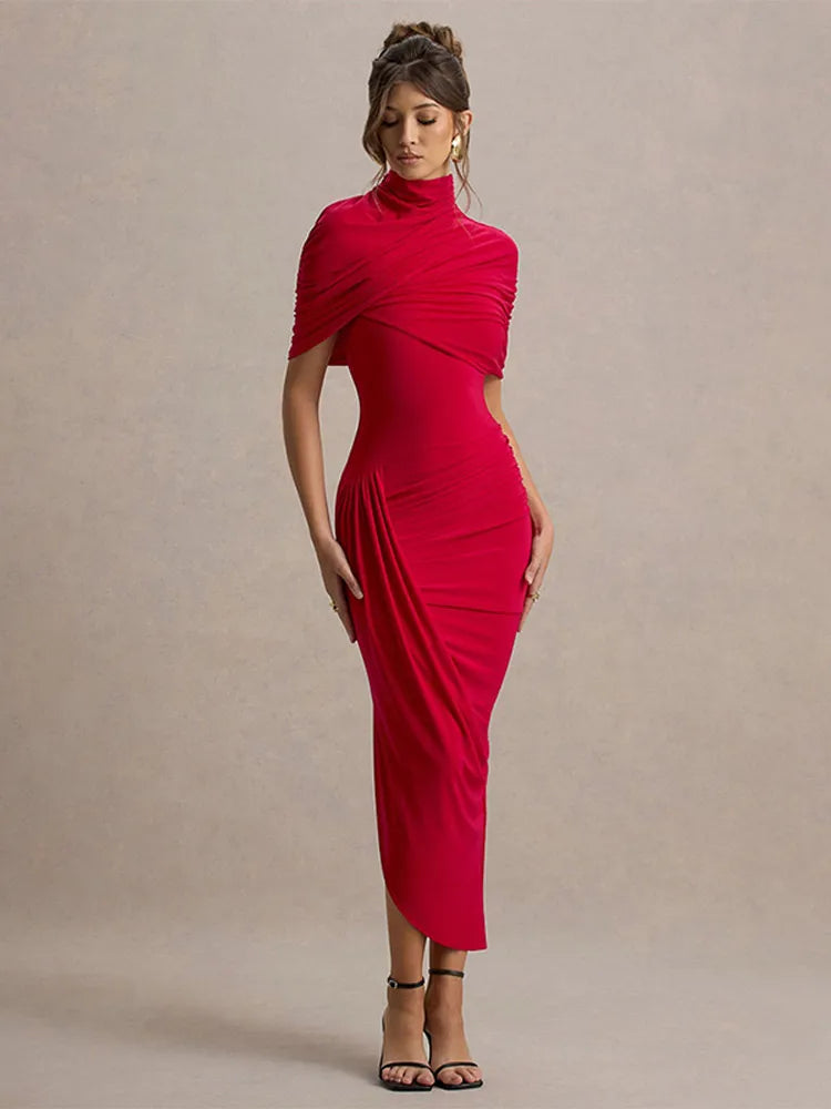 Women Solid High Neck Pleated Maxi Dress Slim Fit Waist Cinching Backless Long Dress Lady Summer Elegant Party Vestidos 2025