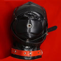 BDSM Mask Leather,Total Blackout Slave Sex Hood Bondage Breathing Hole,Padded Ear and Mouth Restraints,Adult Games,Blindfold