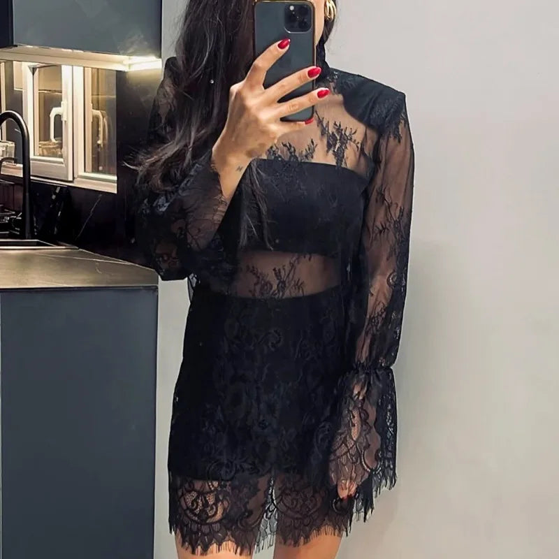 Talenza Black Lace Dress Women's Sexy See-Through Cutout Lace Patchwork Mini Dress New High-Waisted Party Club Y2K Female Dress