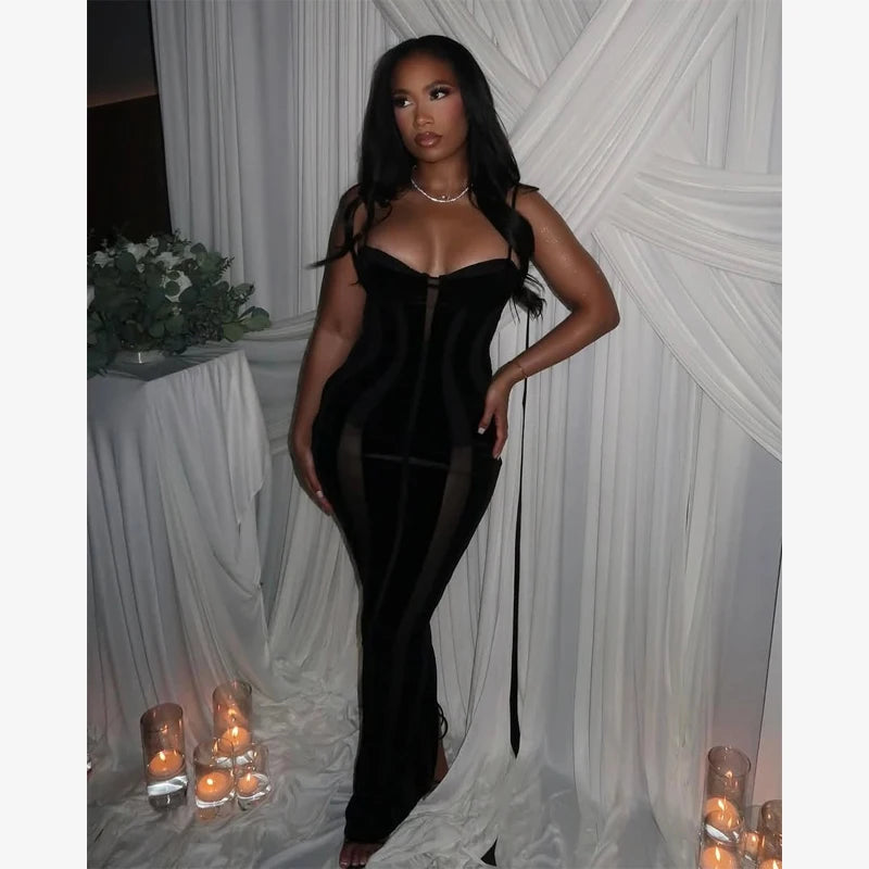 Women Black Velvet Sheer Maxi Dress Sexy Chic Mesh Patchwork Off-shoulder Waist Cinching Slim Maxi Dresses 2026 Club Party Gowns