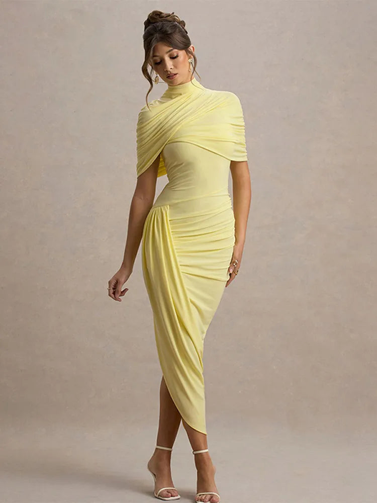 Women Solid High Neck Pleated Maxi Dress Slim Fit Waist Cinching Backless Long Dress Lady Summer Elegant Party Vestidos 2025