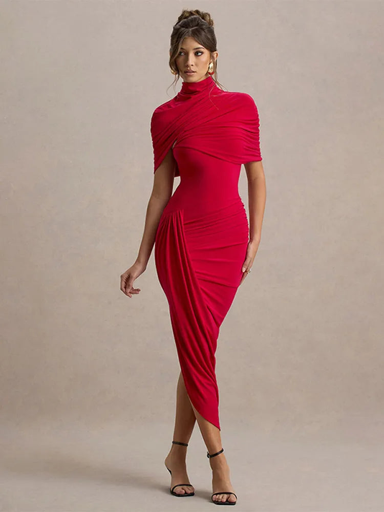 Women Solid High Neck Pleated Maxi Dress Slim Fit Waist Cinching Backless Long Dress Lady Summer Elegant Party Vestidos 2025