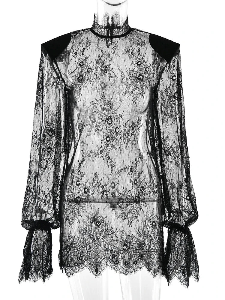 JULISSA MO Turtleneck Sexy Sheer Lace Mini Dress Women Black Long Sleeve Shoulder Pads Dress Loose Elegant Club Party Dress 2026