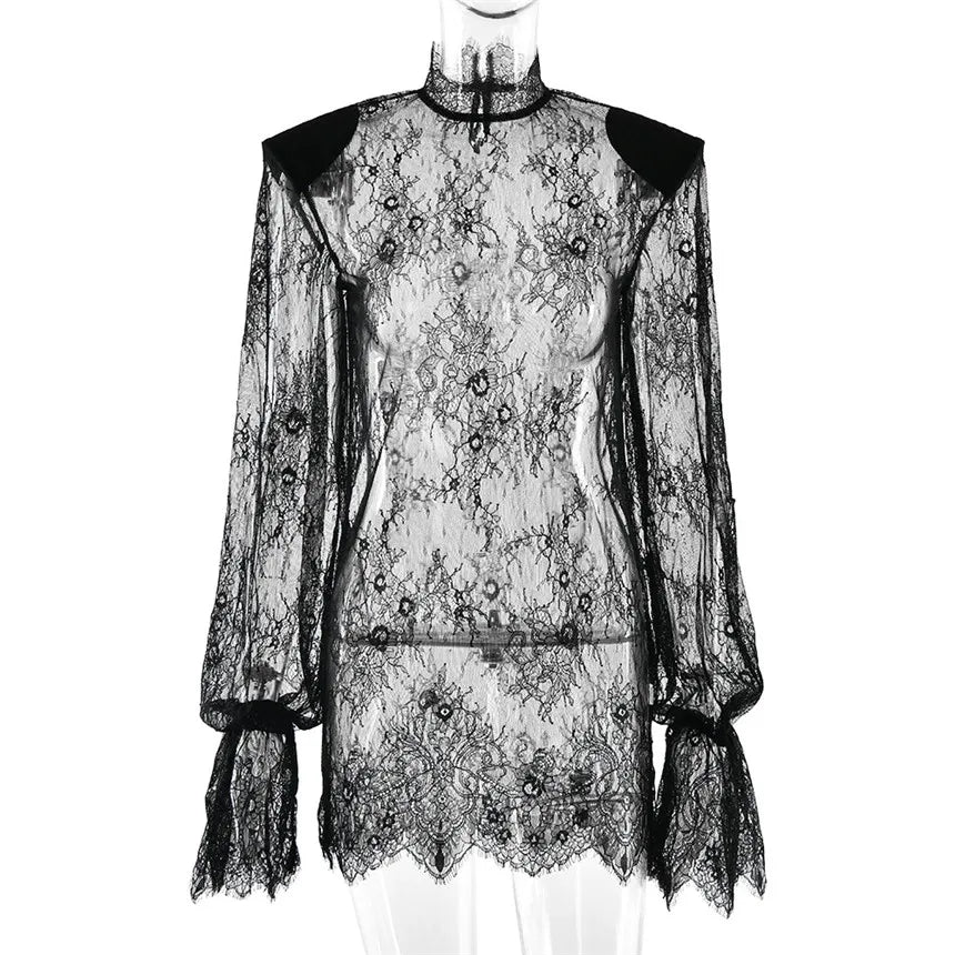 Aligaia Elegant Turtleneck Sheer Lace Mini Dress Women 2026 Sexy Black Long Sleeve Shoulder Pads Dress Loose Club Party Dress