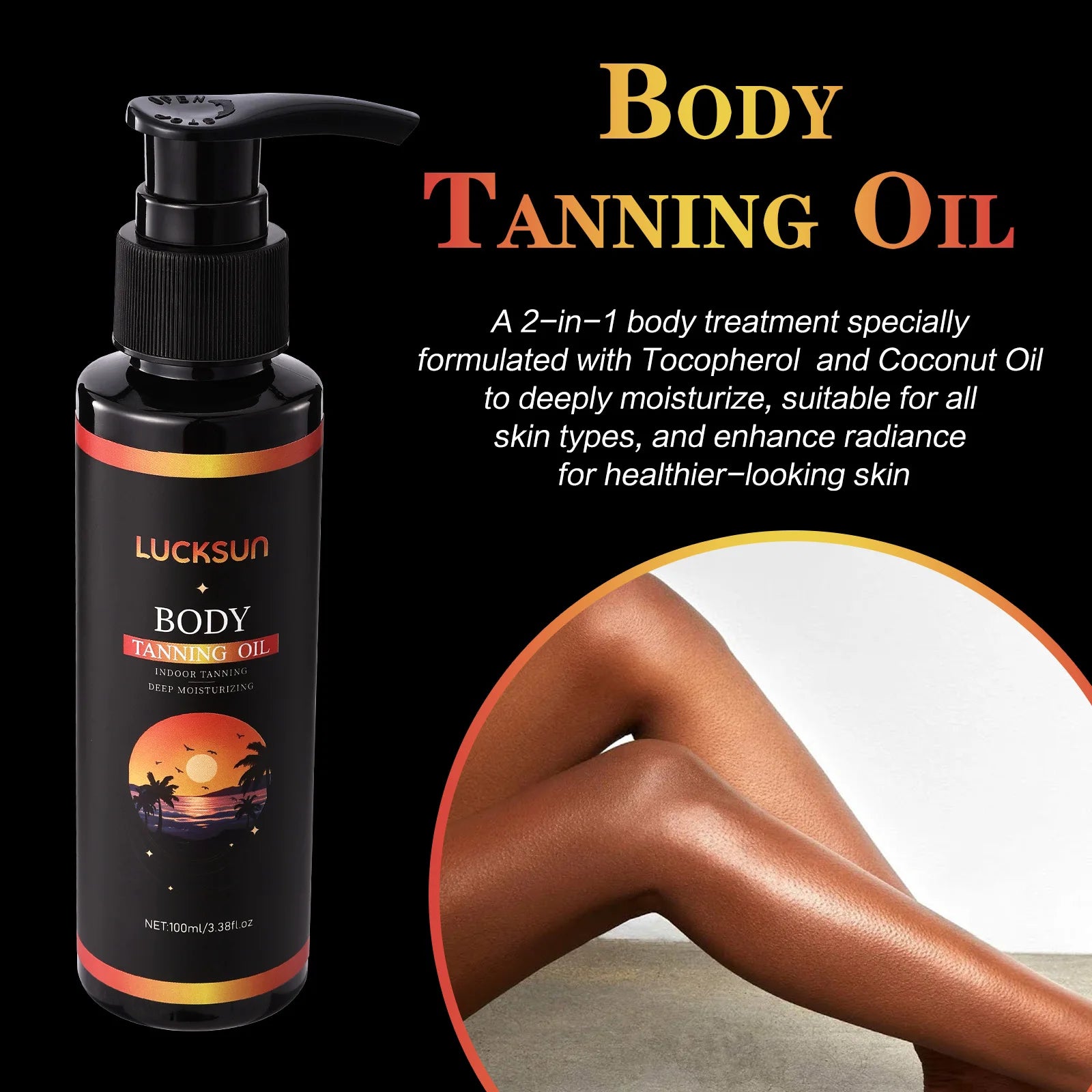 2-in-1 Fast-Acting Body Tanning Oil 100ml Natural Bronzer Indoor Outdoor Use Deep Hydrating Sunless Tanning oil for Glowing Skin