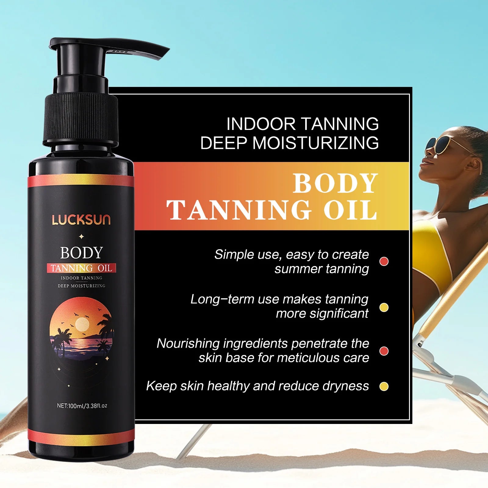 2-in-1 Fast-Acting Body Tanning Oil 100ml Natural Bronzer Indoor Outdoor Use Deep Hydrating Sunless Tanning oil for Glowing Skin