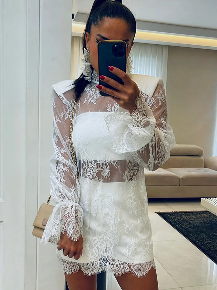 JULISSA MO Turtleneck Sexy Sheer Lace Mini Dress Women Black Long Sleeve Shoulder Pads Dress Loose Elegant Club Party Dress 2026