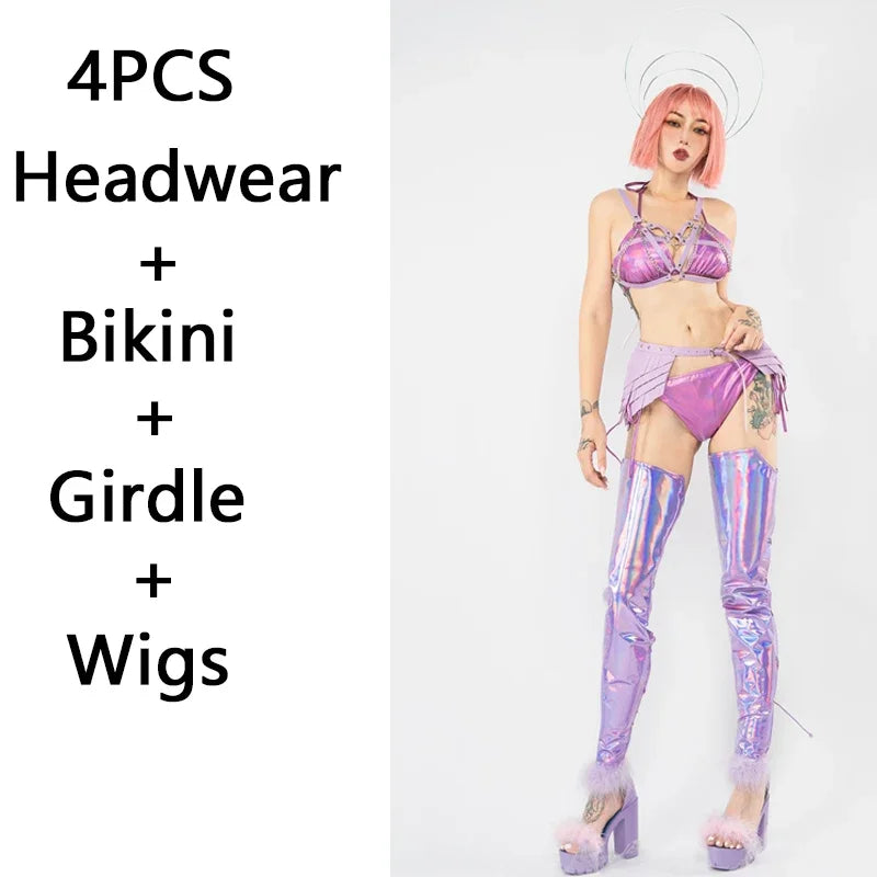 Purple Laser Bikini Sexy Bikini Leg Sets Sexy Pole Dance Clothing Nightclub Dj Ds Stage Festival Outfit Rave Clothes XS4580