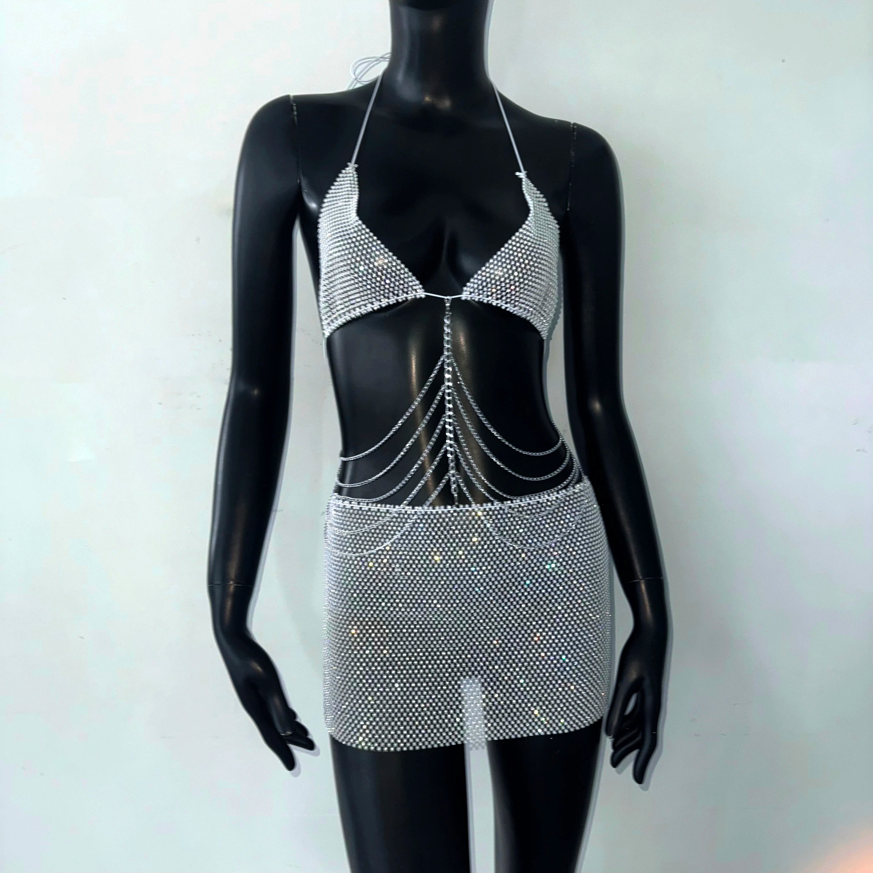 Women Shiny Full Diamond Skirt Set Sexy Perspective Fishnet Metal Chain Tassel Backless Hollow Skirt Rave Festival Outfits Dress
