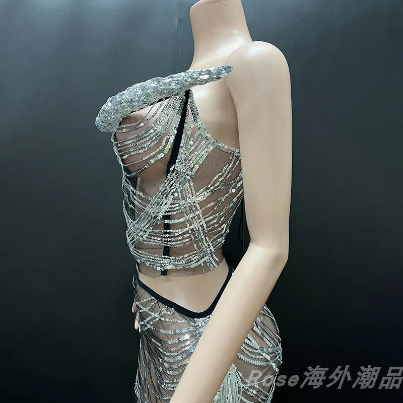 Birthday Party Dress Silver Transparent Sexy Tops Skirt Split Set Model Fashion Show Stage Costume Nightclub Gogo Rave Clothes