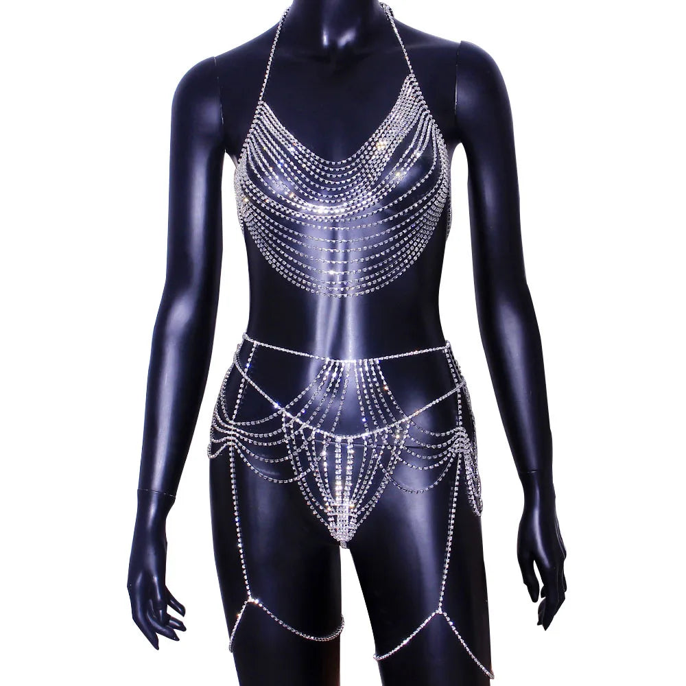 Sexy Body Chain Waist Chain CrystalBikini Three Point Thong Underpants Bra Chain Beach Outfit Chest Chain Multilayer Abdominal