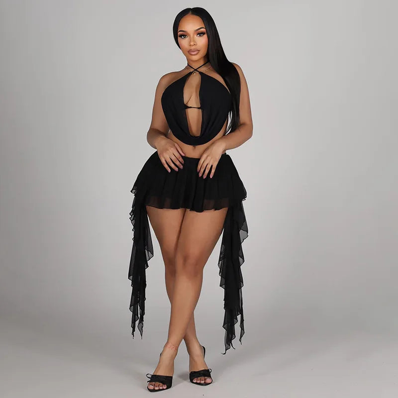 Women Sexy Solid Mesh 2 Piece Set Swinging Collar Lace Up Halter Backless Camis Crop Tops + Ruffles Mini Skirts Clubwear Suits