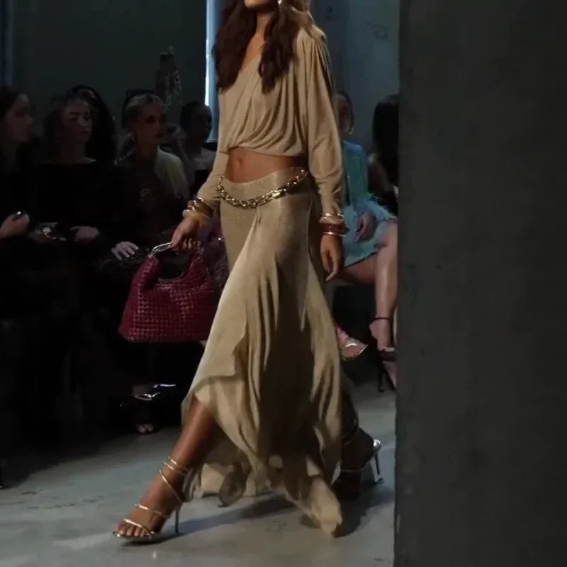 Elegant Boho Long Sleeve Crop Top Split Sheer Maxi Skirt Set Women Gold Chain Belt Outfit Sexy Party Elegant Flowy Skirt Suit