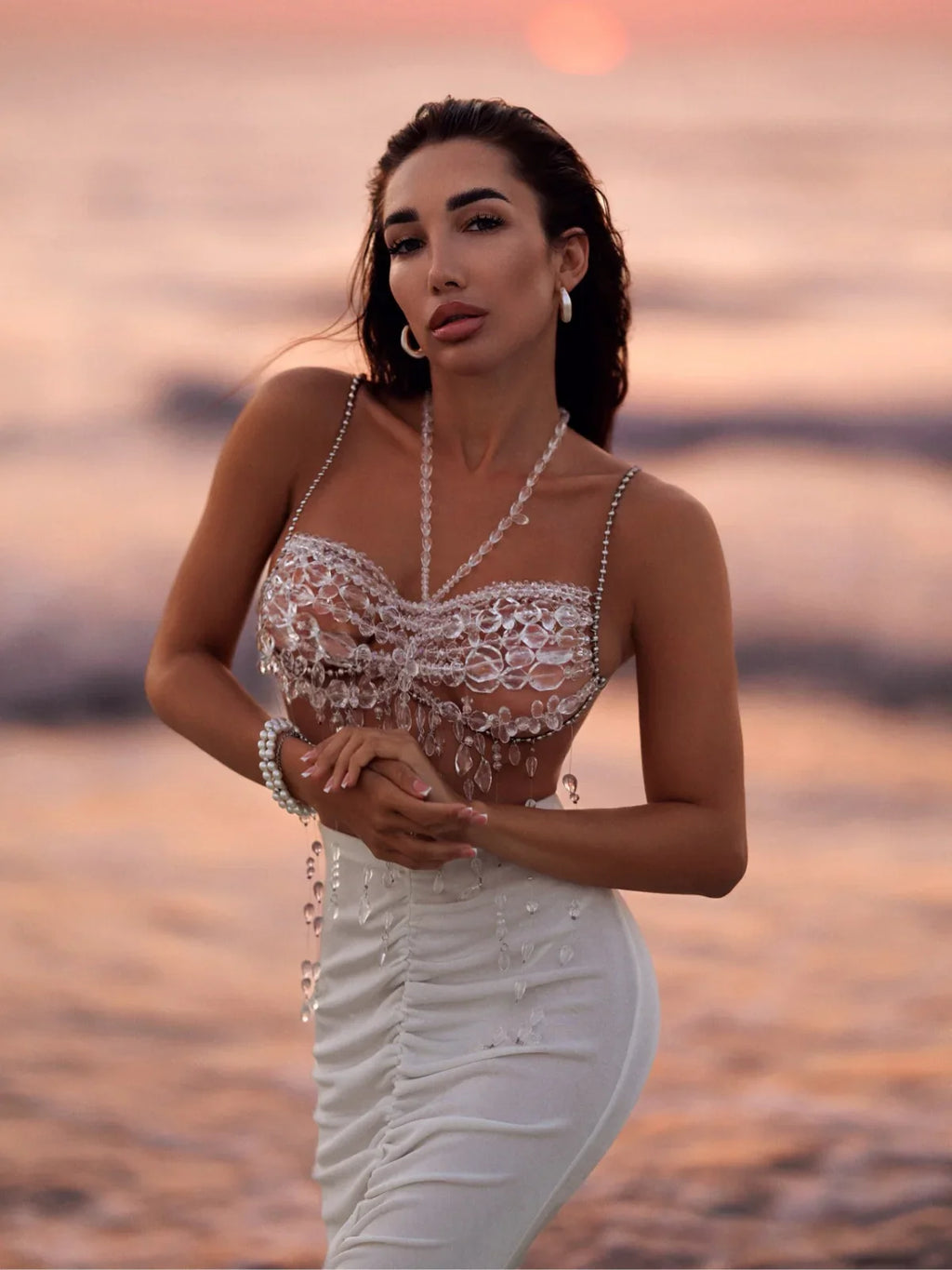 2025 Handmade Party Festival Outfit Crystal Chandelier Beaded Bra Top Body Jewelry Halter Chain Fringe Gemstone Beaded Bralette
