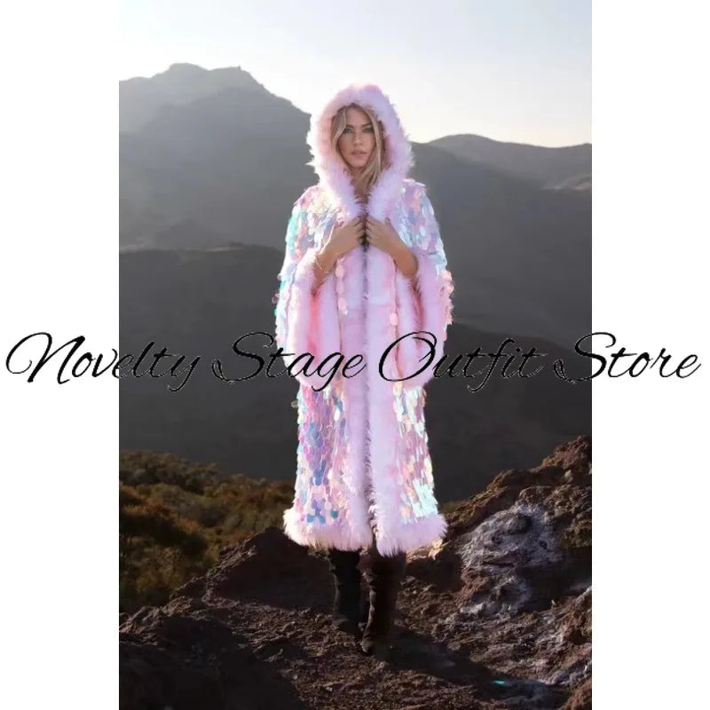 LED Sequins Long Coat Hoodie Women Nightclub DJ Party Rave Outfit Festival Stage Performance Wear Winter Warm Clothes 2026