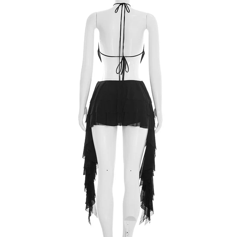 Women Sexy Solid Mesh 2 Piece Set Swinging Collar Lace Up Halter Backless Camis Crop Tops + Ruffles Mini Skirts Clubwear Suits