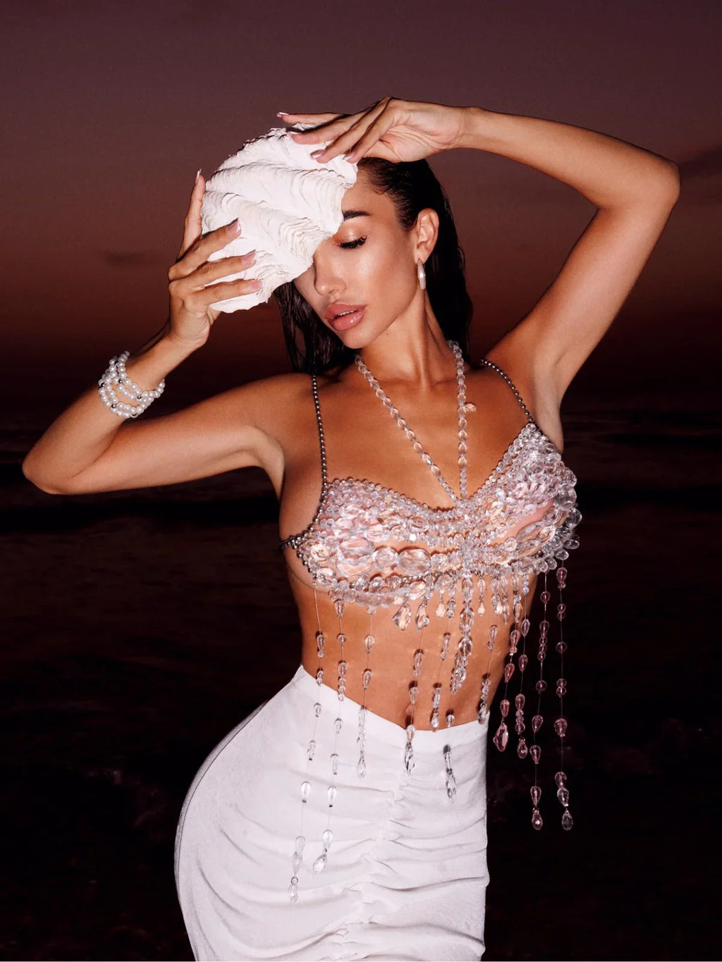 2025 Handmade Party Festival Outfit Crystal Chandelier Beaded Bra Top Body Jewelry Halter Chain Fringe Gemstone Beaded Bralette
