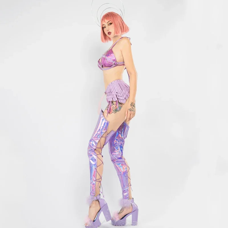 Purple Laser Bikini Sexy Bikini Leg Sets Sexy Pole Dance Clothing Nightclub Dj Ds Stage Festival Outfit Rave Clothes XS4580