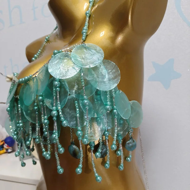 Handmade Sparkly Mermaid Top Costume Women Belly Dance Green and Red Pearls Beaded Top Rave Outfit Sequins Beaded Bra Tops