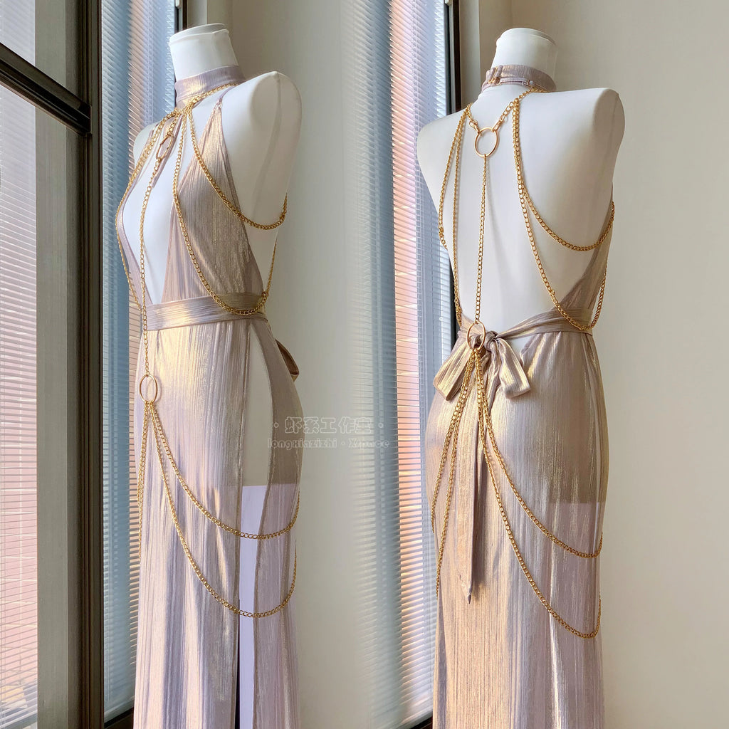 Egyptian Queen Sexy Cosplay Costume Metal Body Chain Gown slim-fit Dress Pharaoh Nile Style Suit Women Halloween Party Outfits