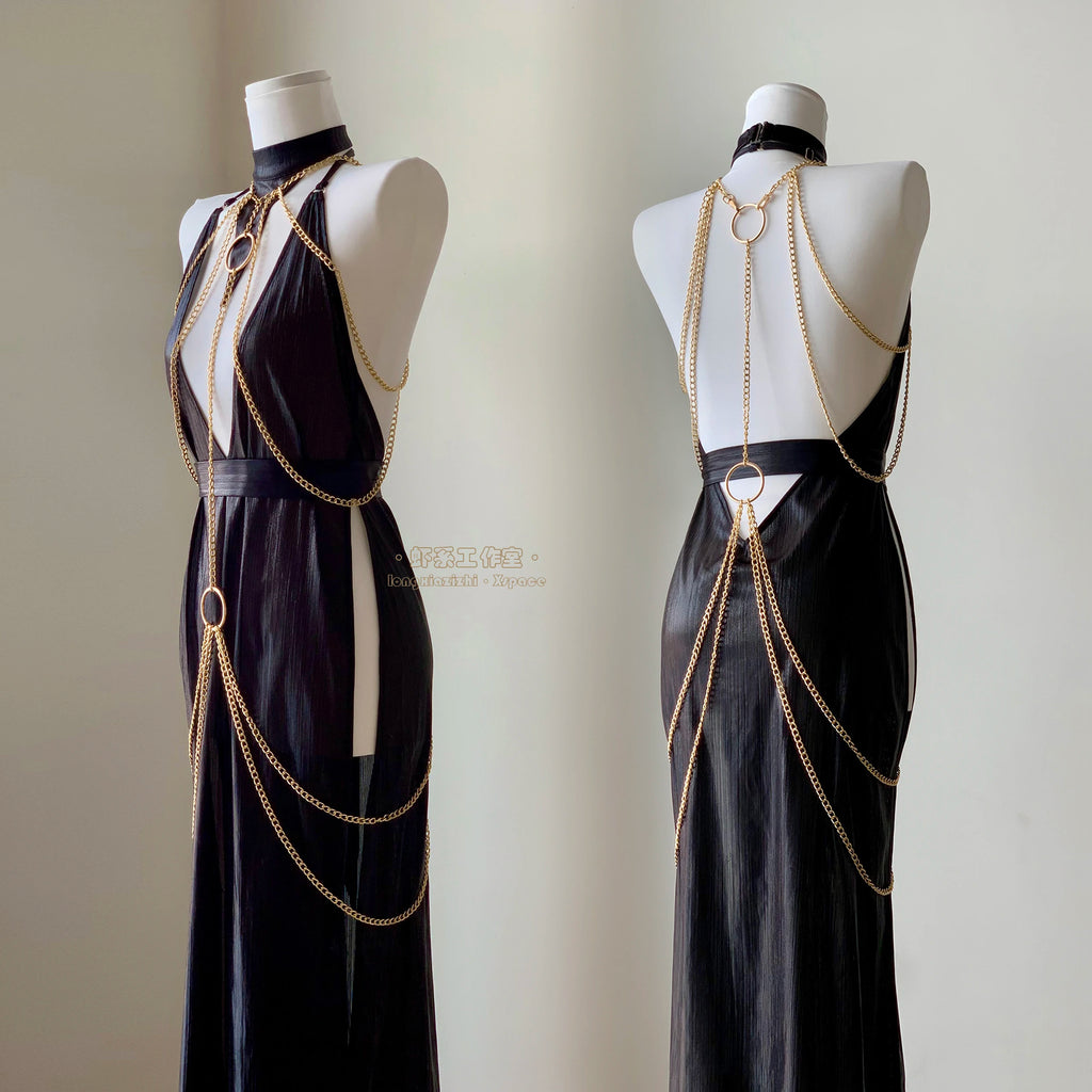 Egyptian Queen Sexy Cosplay Costume Metal Body Chain Gown slim-fit Dress Pharaoh Nile Style Suit Women Halloween Party Outfits