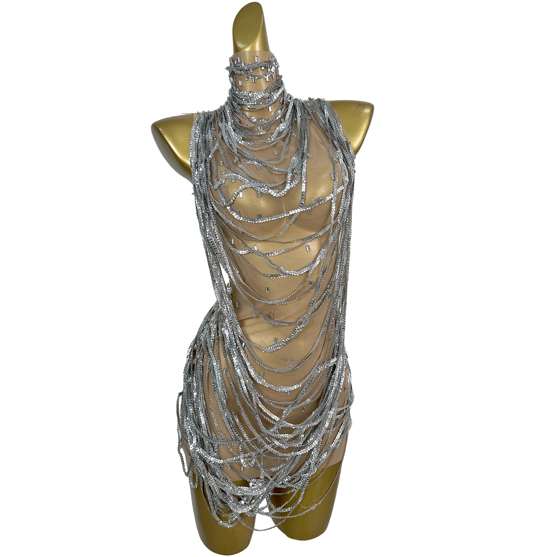 Xiansuo Womens Luxury Silver Metal Chain Bodycon Dress Sheer Mesh Cutout High Neck Party Club Rave Stage Performance Outfit