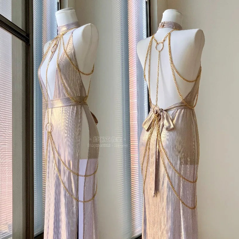 Egyptian Queen Sexy Cosplay Costume Metal Body Chain Gown slim-fit Dress Pharaoh Nile Style Suit Women Halloween Party Outfits