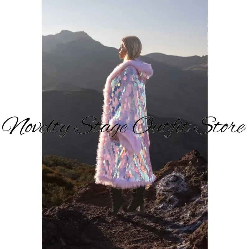 LED Sequins Long Coat Hoodie Women Nightclub DJ Party Rave Outfit Festival Stage Performance Wear Winter Warm Clothes 2026