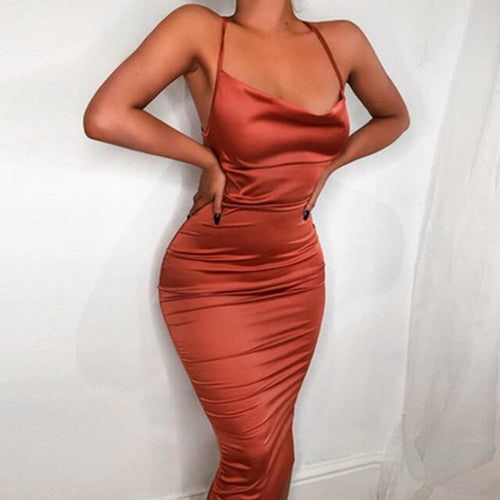 neon satin lace up summer women bodycon long midi dress sleeveless