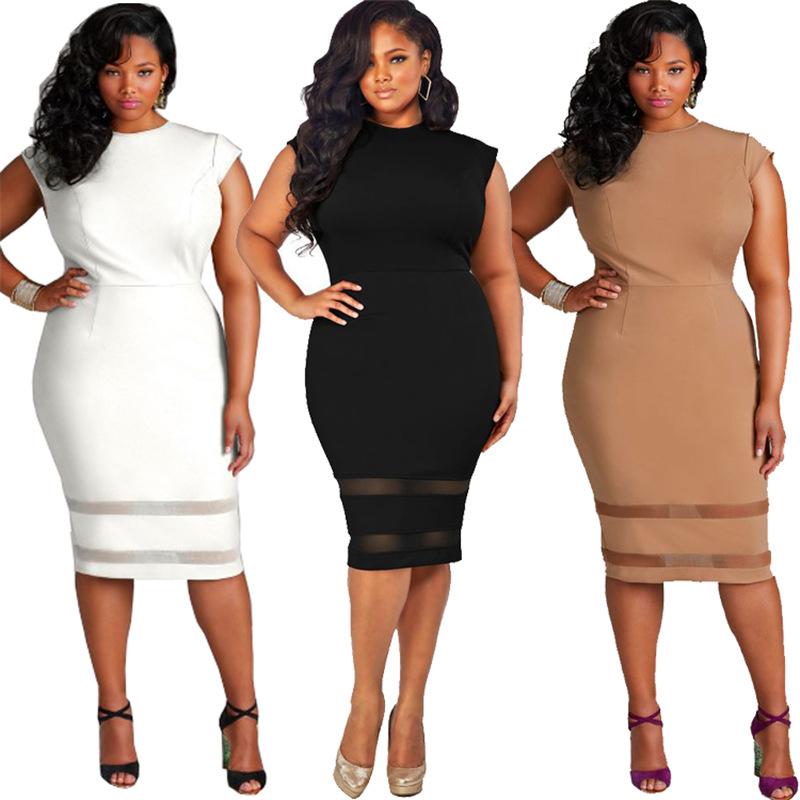 New Fashion Women Summer Cotton Middle Dress Crew Neck Mesh Patchwork
