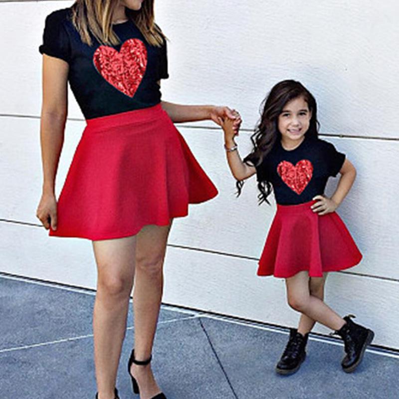 Mom And Daughter Dresses Summer Short Sleeve Heart Print T-shirt Skirt